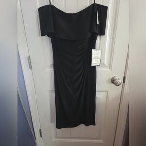 NWT XSCAPE Women's  16 Black Formal Strapless Dress Ruched Front and Back Ruffle